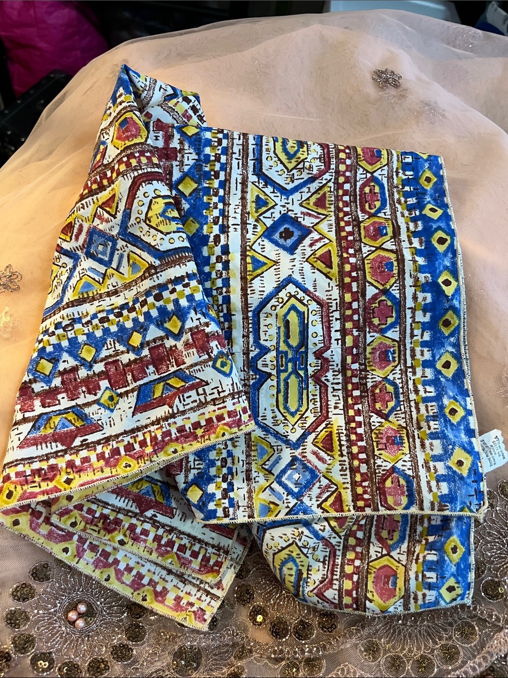 Vintage Multicolor Geometric Print Scarf — Blue, Yellow & Red Accents